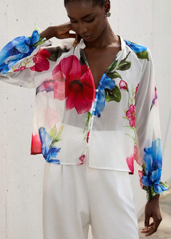 Floral Sheer Button-Up Long Sleeves Blouse