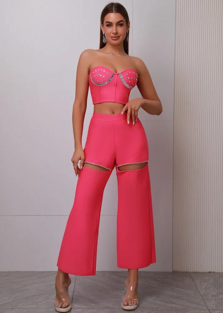 Rhinestone Decor Bustier Top & Hollow Out Pants