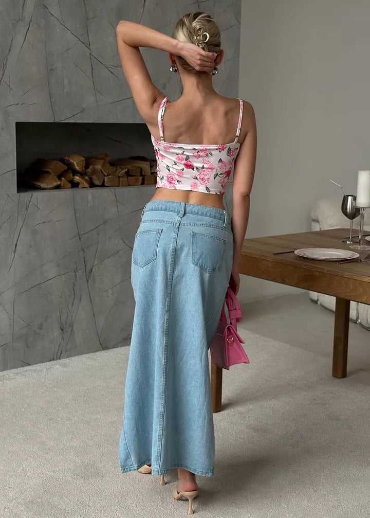 Side Slit Denim Midi Skirt