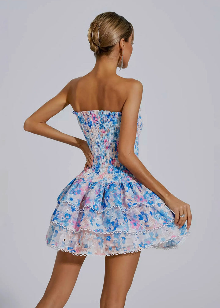 Smocked Bodice Strapless Ruffled Tiered Mini Dress