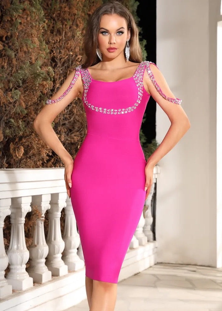 Crystal Decor Square Neck Bandage Midi Dress