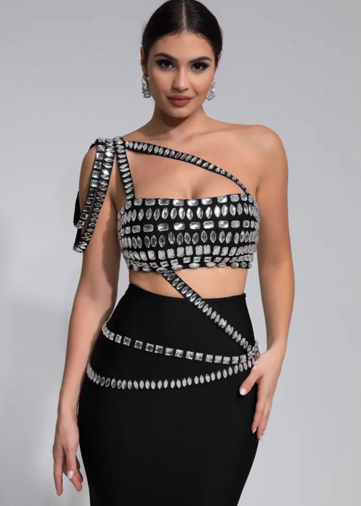 Rhinestone Draping Shoulder Two-Piece Dress