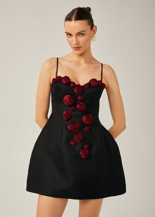 Satin Rosette Appliqués Mini Dress