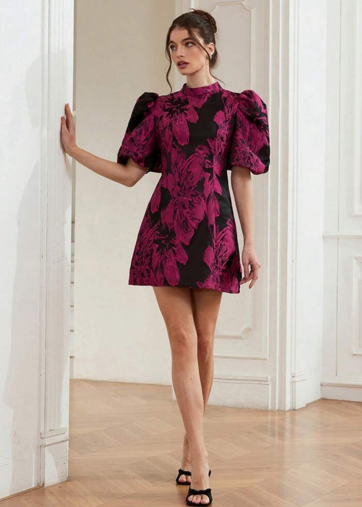 Jacquard Puff Sleeve Mock Neck Dres