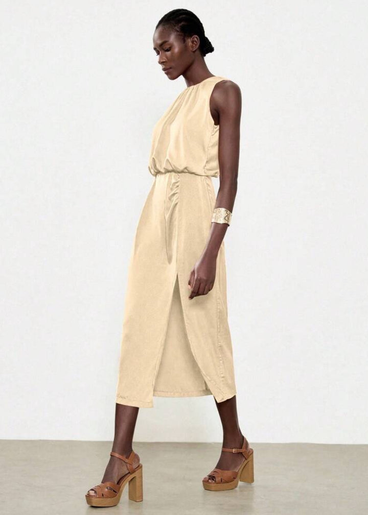 Sleeveless Side Slit Ruched Midi Dress