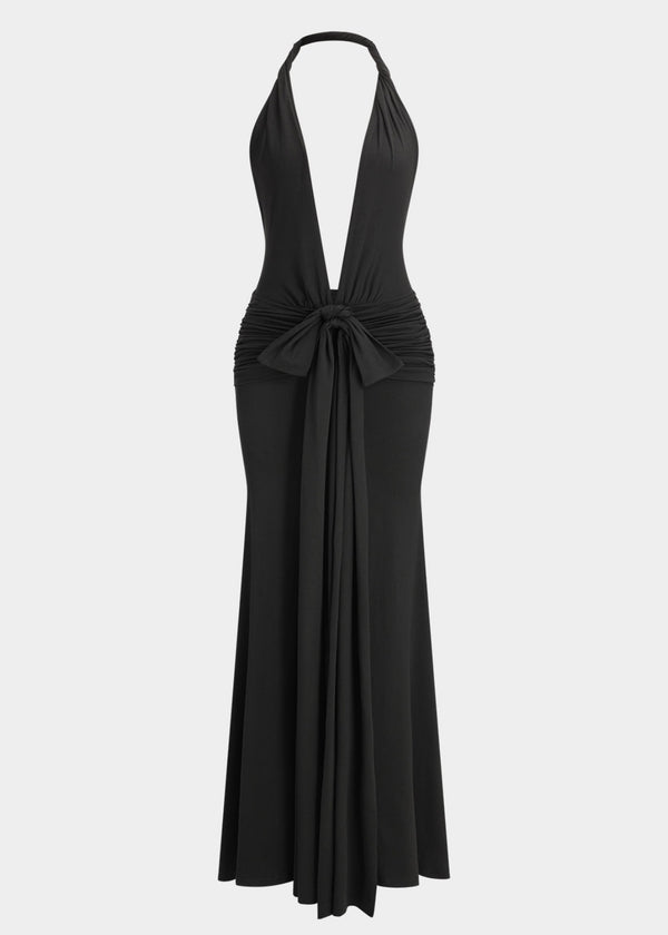 Tie-Front Ruched Halter Backless Dress