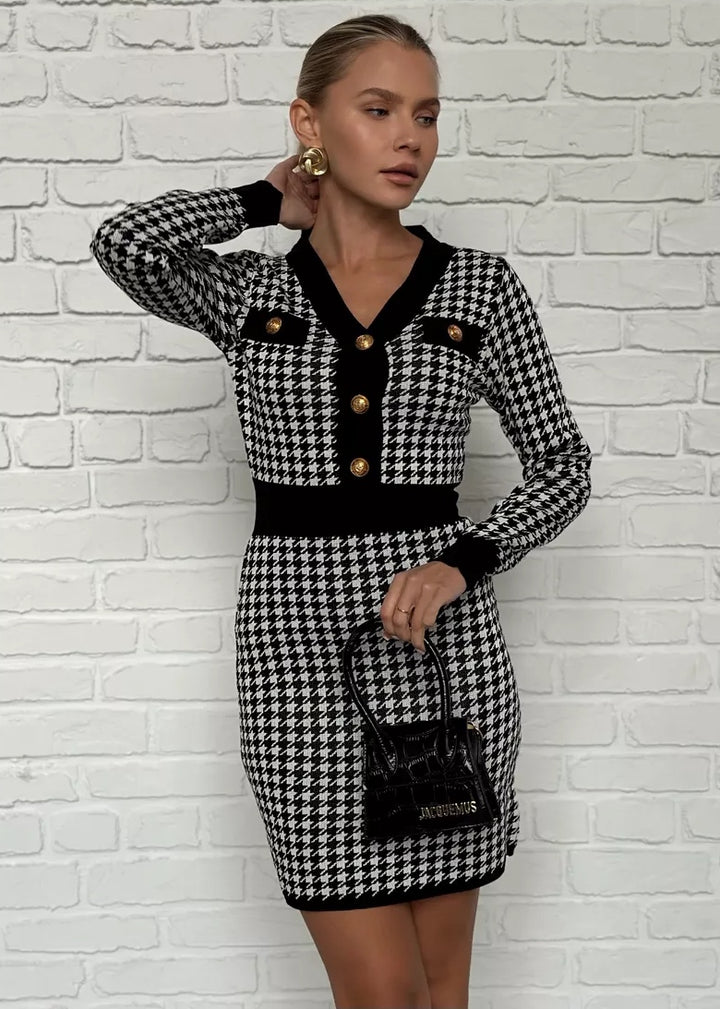 V-Neck Long Sleeve Houndstooth Mini Dress