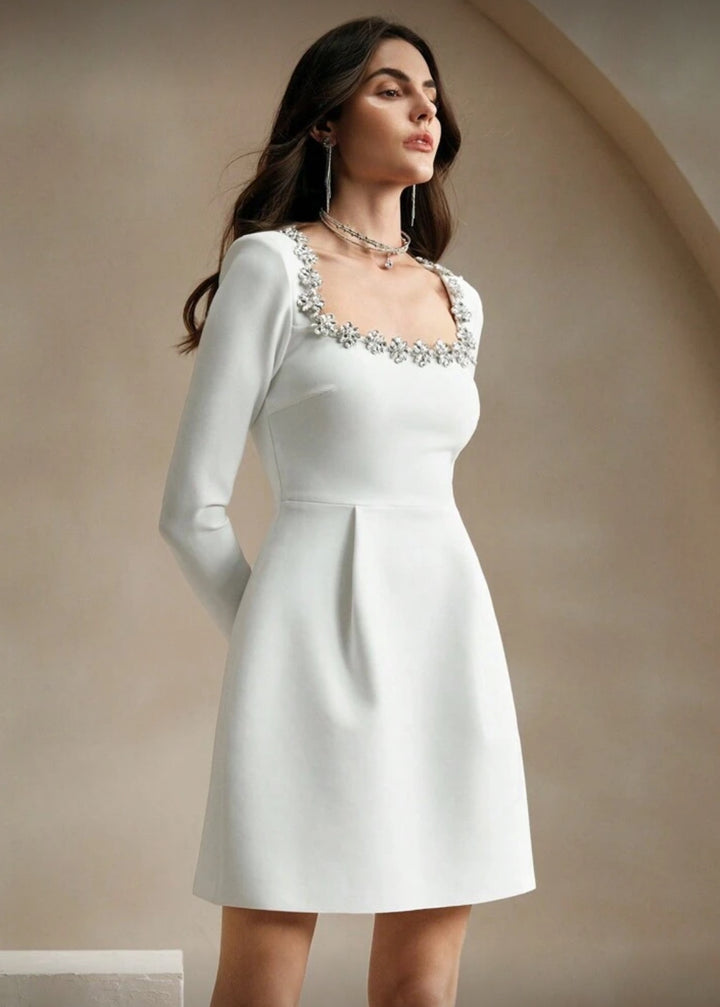 Square Neck Crystal Embellished Long Sleeve Mini Dress