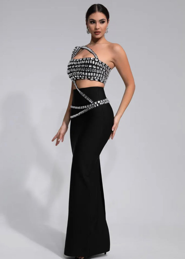 Rhinestone Draping Shoulder Two-Piece Dress