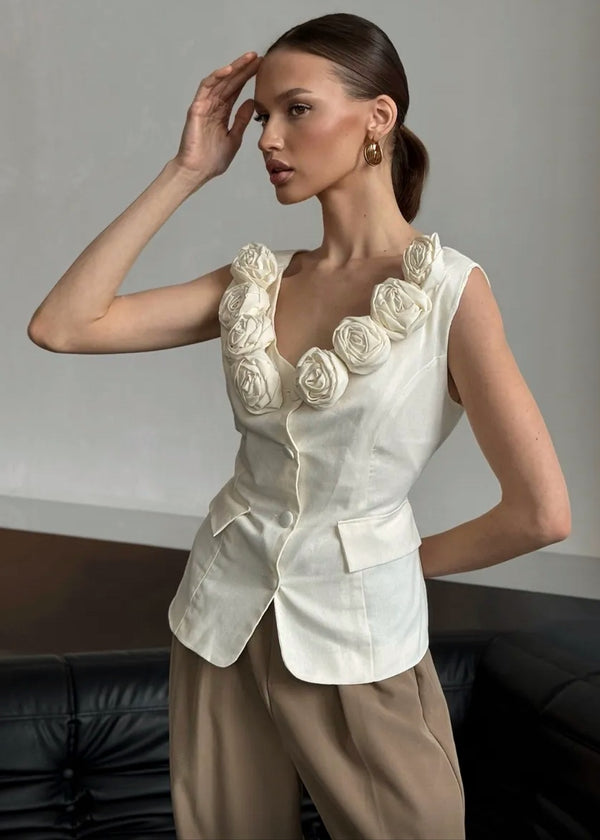 3D Roses Decor V-Neck Sleeveless Vest