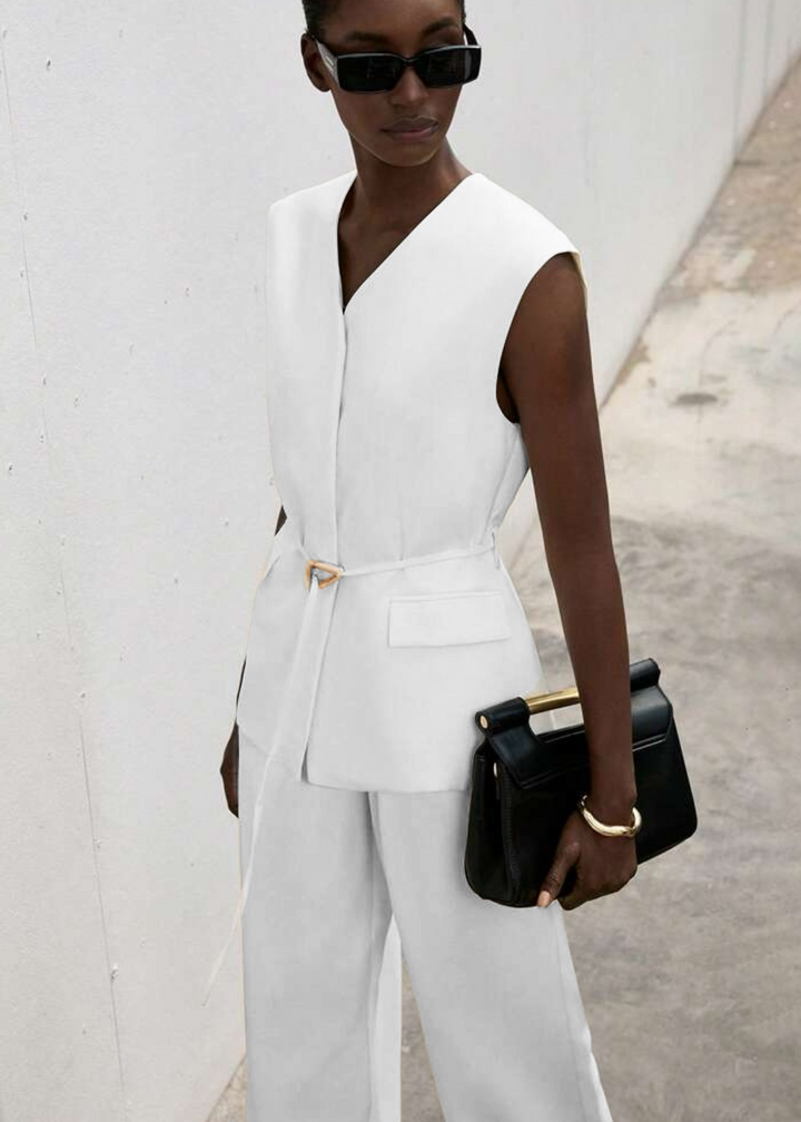 Sleeveless V-Neck Pocket Belted Vest