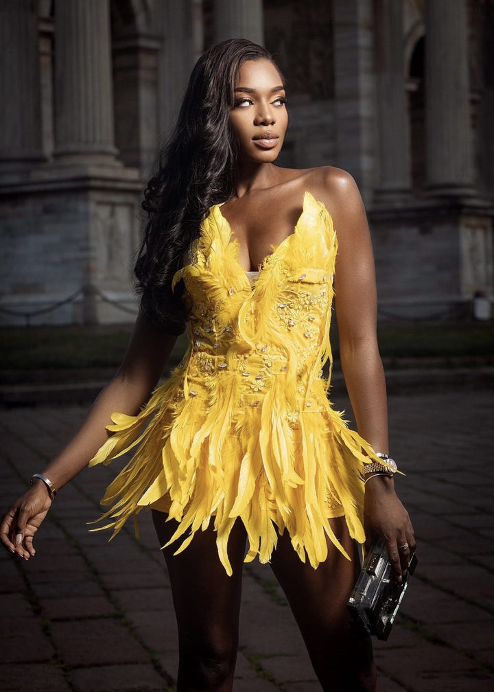 Strapless Feather Studded Yellow Mini Dress