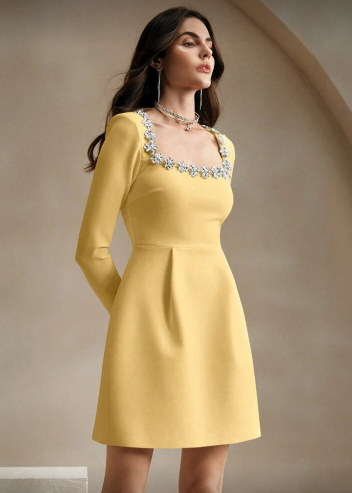 Square Neck Crystal Embellished Long Sleeve Mini Dress