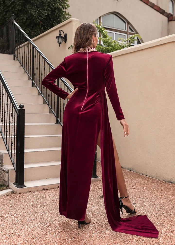 Long Sleeved High Side Split Maxi Velvet Dress