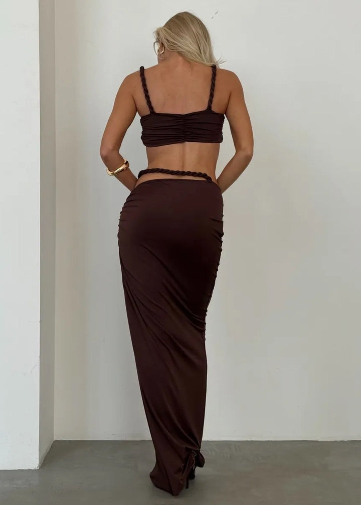 Braid Strap Ruching Bandeau Midriff Cutout Skirt Set