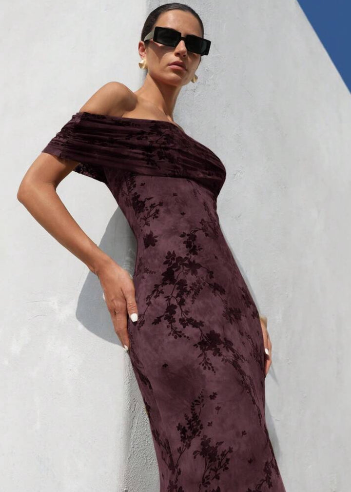 Floral Print Ruched Off-Shoulder Gown