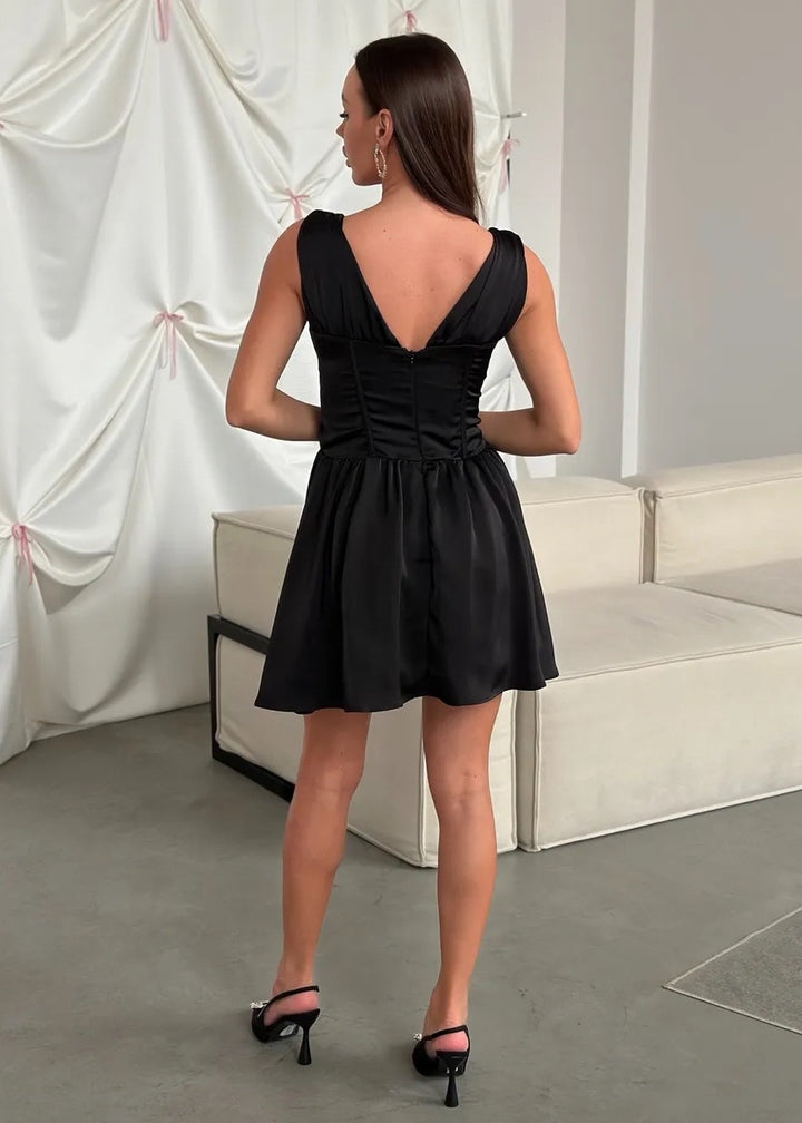 V-Neck Cinched Waist Flared Hem Satin Mini Dress