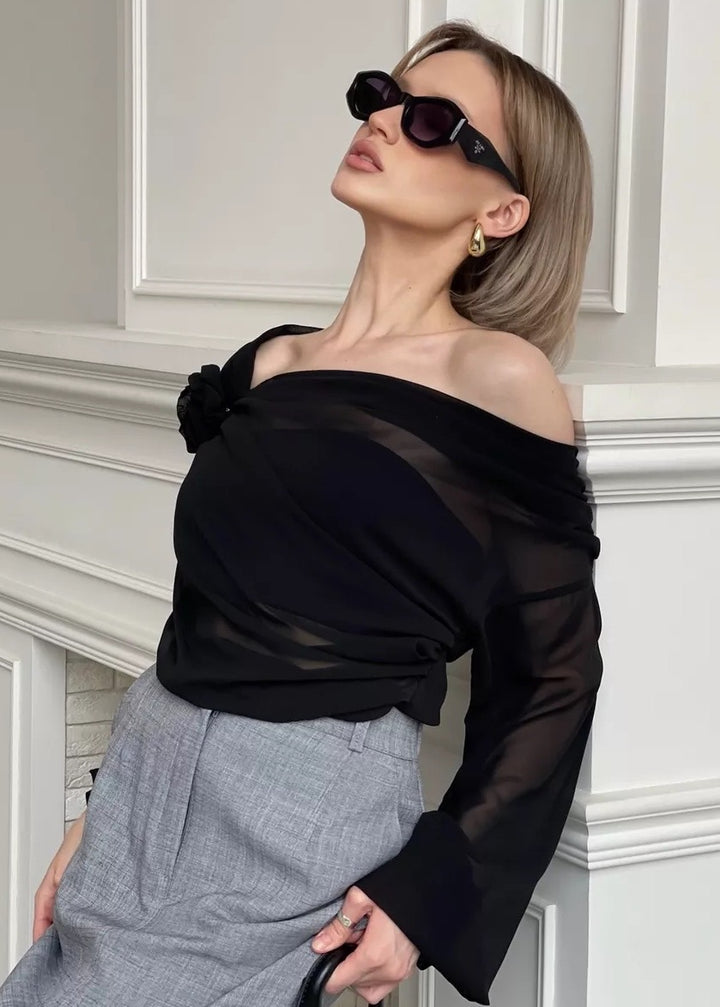 One-Shoulder Long Sleeve Chiffon Blouse