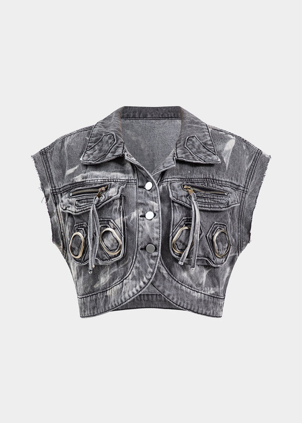 Metal Buckle Decor Pocket Denim Vest