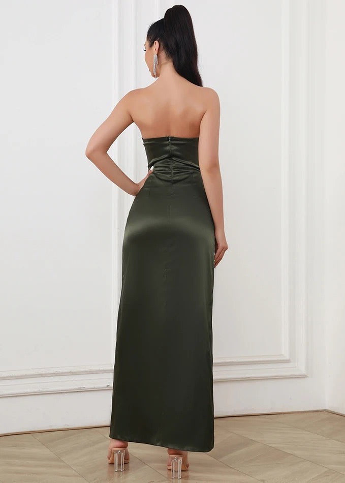 Bandeau Fishbone Slit Satin Maxi Dress