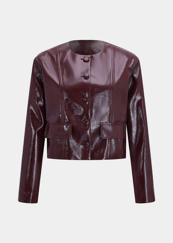 Eco-Leather Round Neck Buttoned Jacket