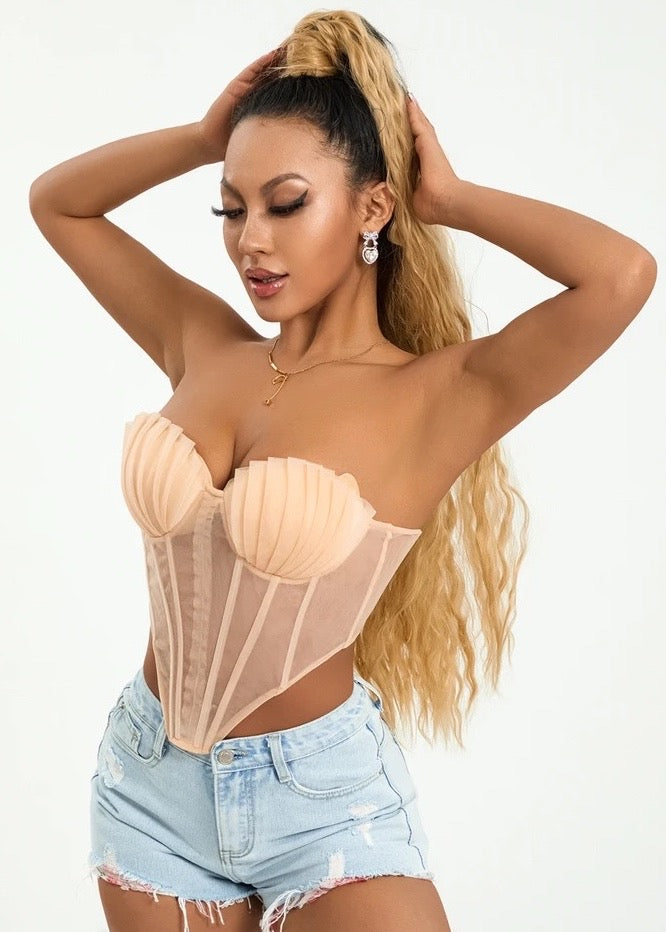 Shell Pattern Pleated Bust Sheer Mesh Bustier Top