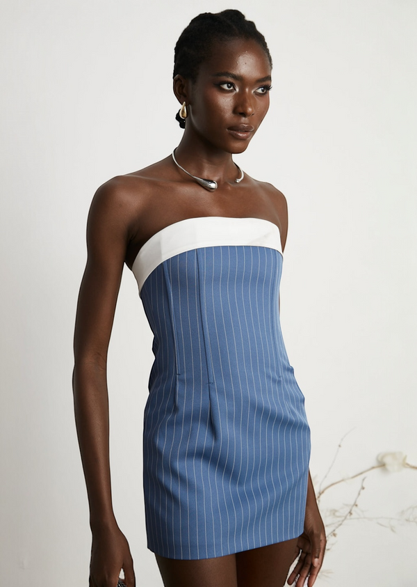 White Panel Pinstripe Strapless Mini Dress