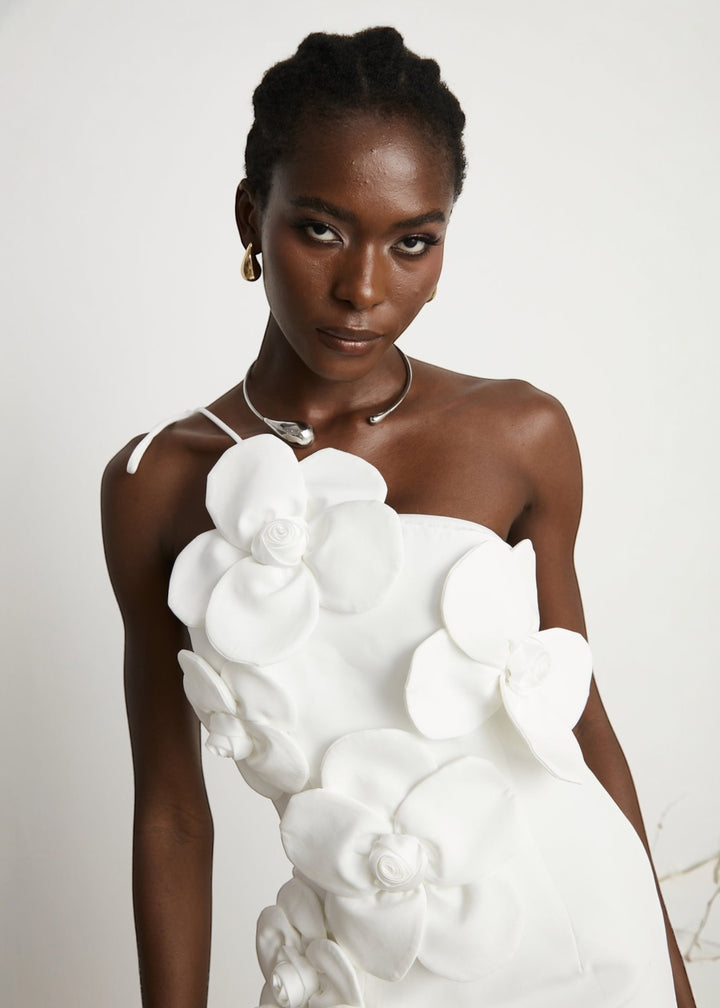 One Shoulder Floral Applique Tie Strap Dress