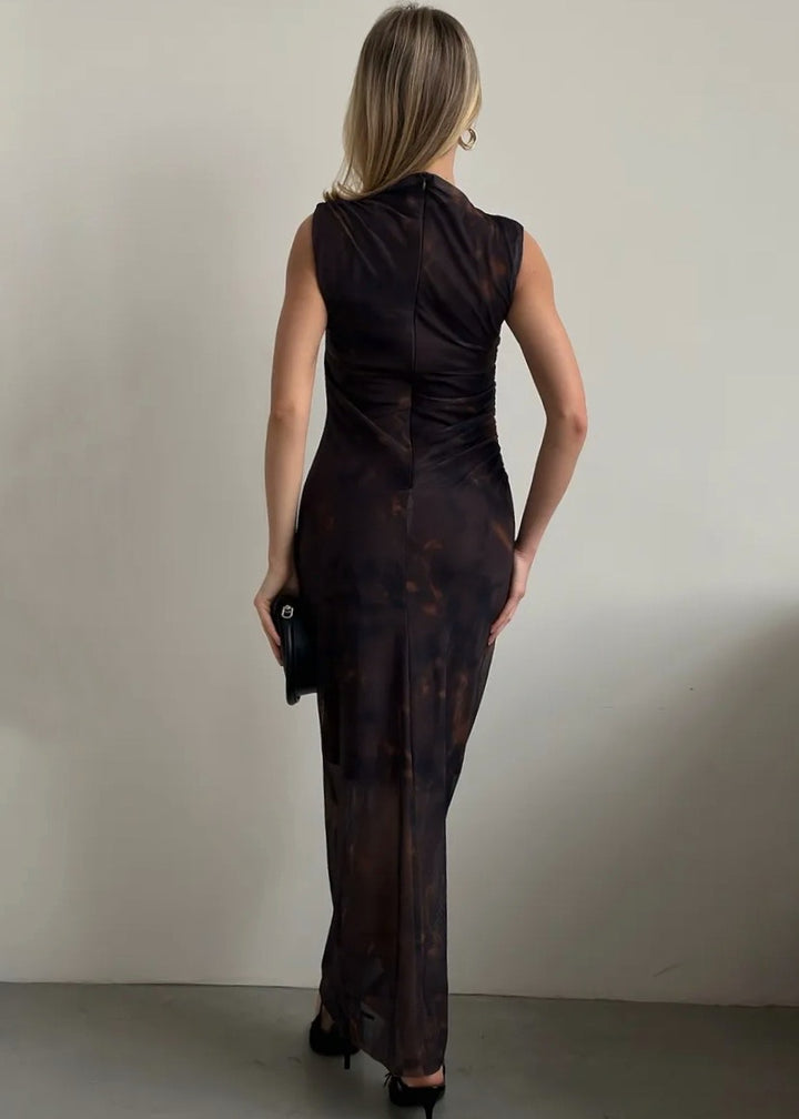 Sleeveless Maxi Dress with Ruched Sides and Tie‑Dye Print