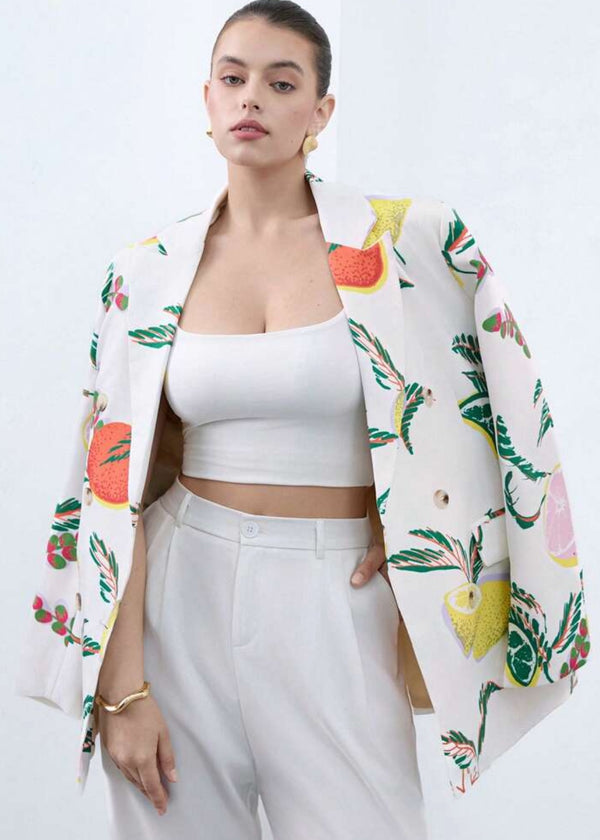 Double Breasted Notched Lapel Fruit Print Blazer