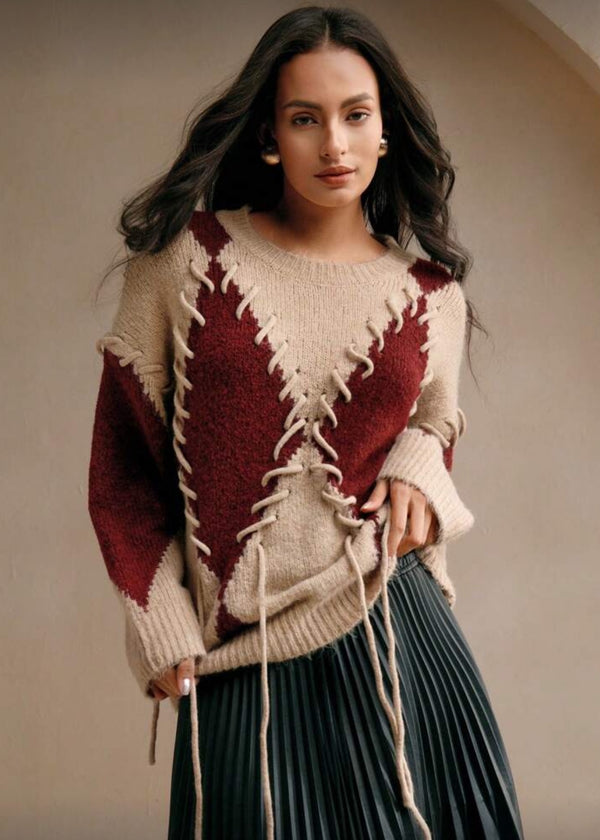 Crewneck Knit Lace-Up Argyle Detail Sweater