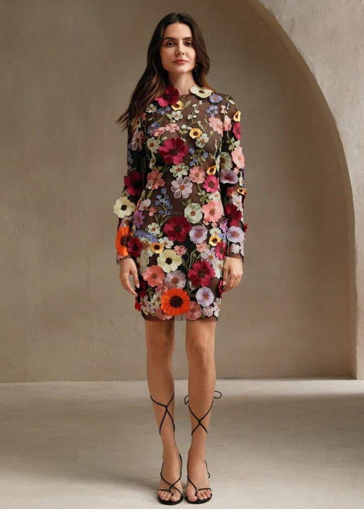 Floral Appliqué Open Back Mini Dress