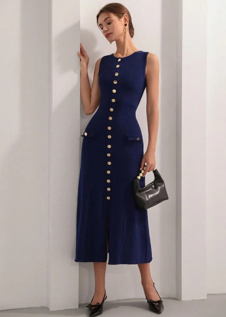 Sleeveless Button-Up Rib Knit Midi Dress