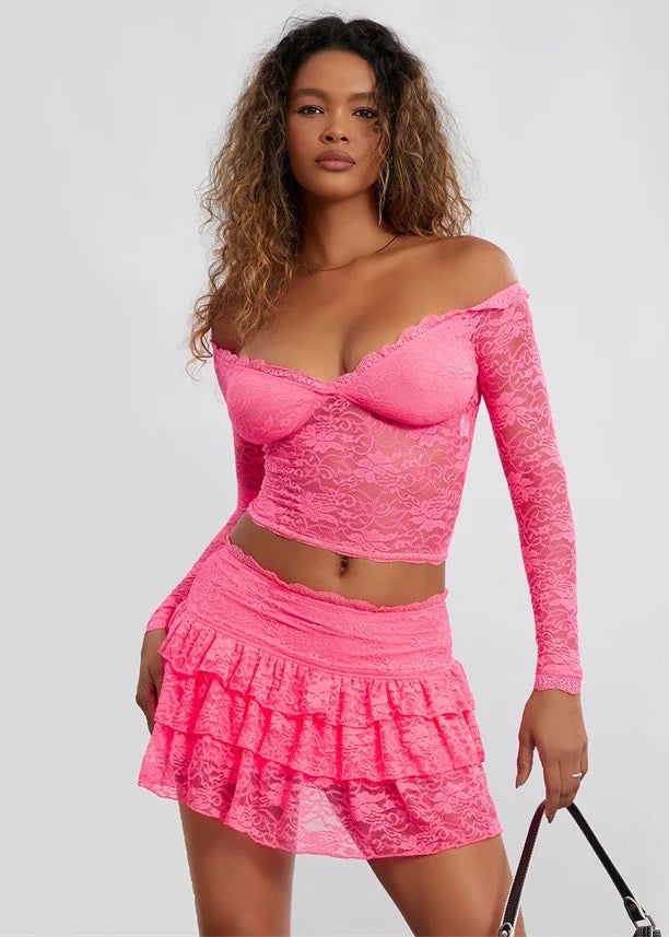 Off-Shoulder Crop Top & Pleated Layered Mini Skirt