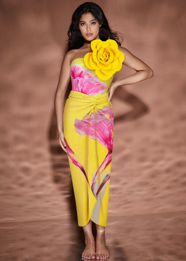 3D Big Flower Decor Floral Print Swimsuit & Cover-Up Wrap Skirt in Yellow