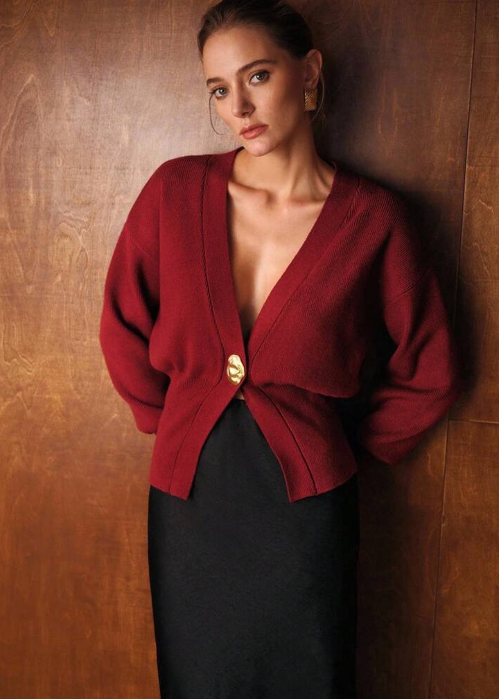 V-Neck Gold Button Rib Knit Cardigan