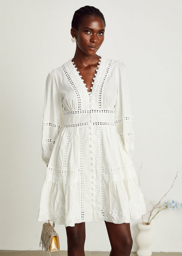 Eyelet Long Sleeve Button Front Mini Dress