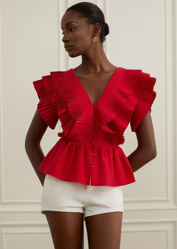 V-Neck Pleated Ruffle Sleeve Peplum Top