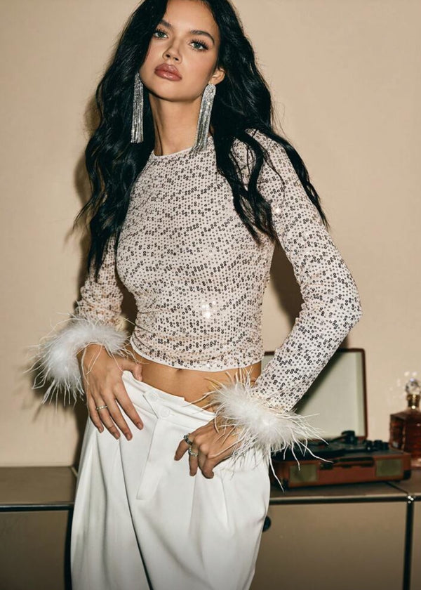 Sequin Pattern Feather Trim Long Sleeve Top