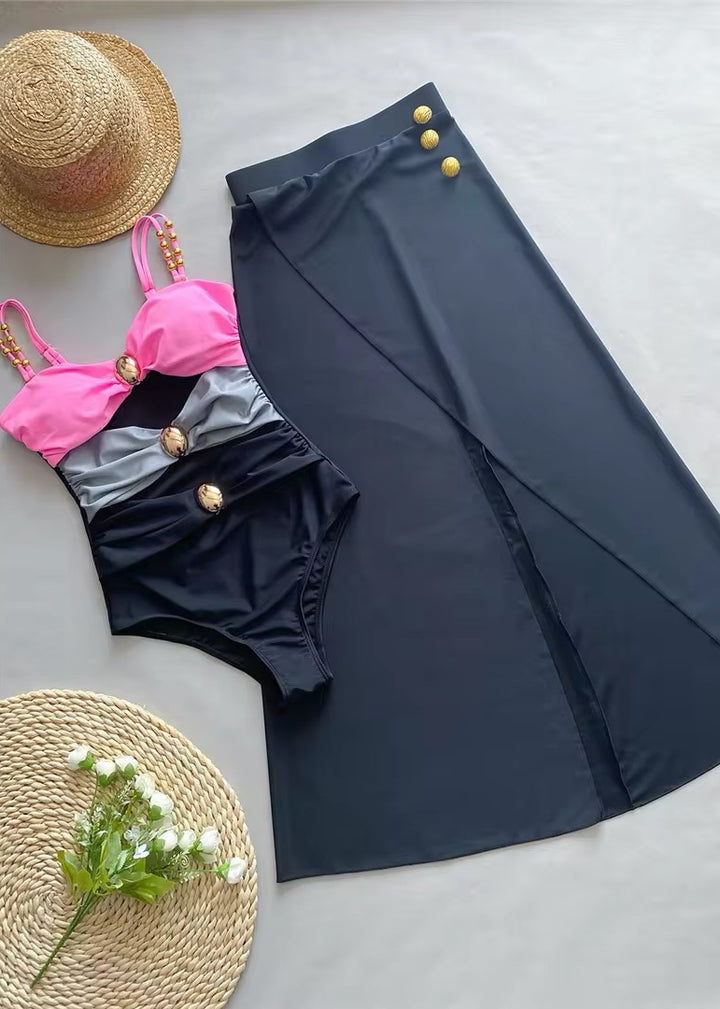 Three Tone Hollow Out Swimsuit & Matching Skirt