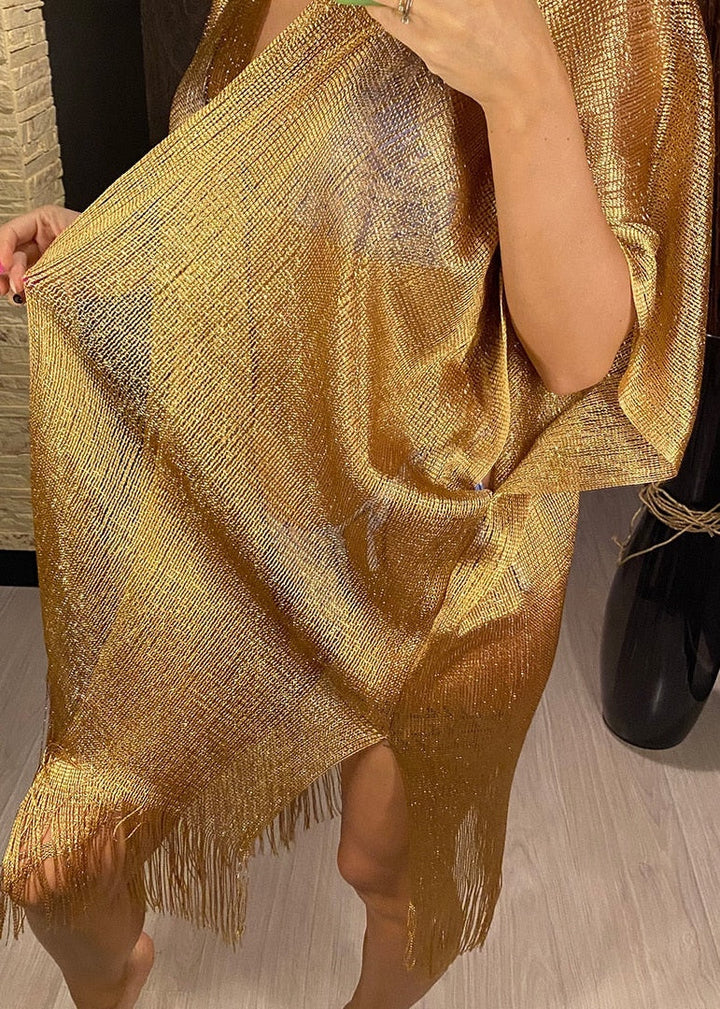 Gold Yarn Fringed Beach Cover-Up