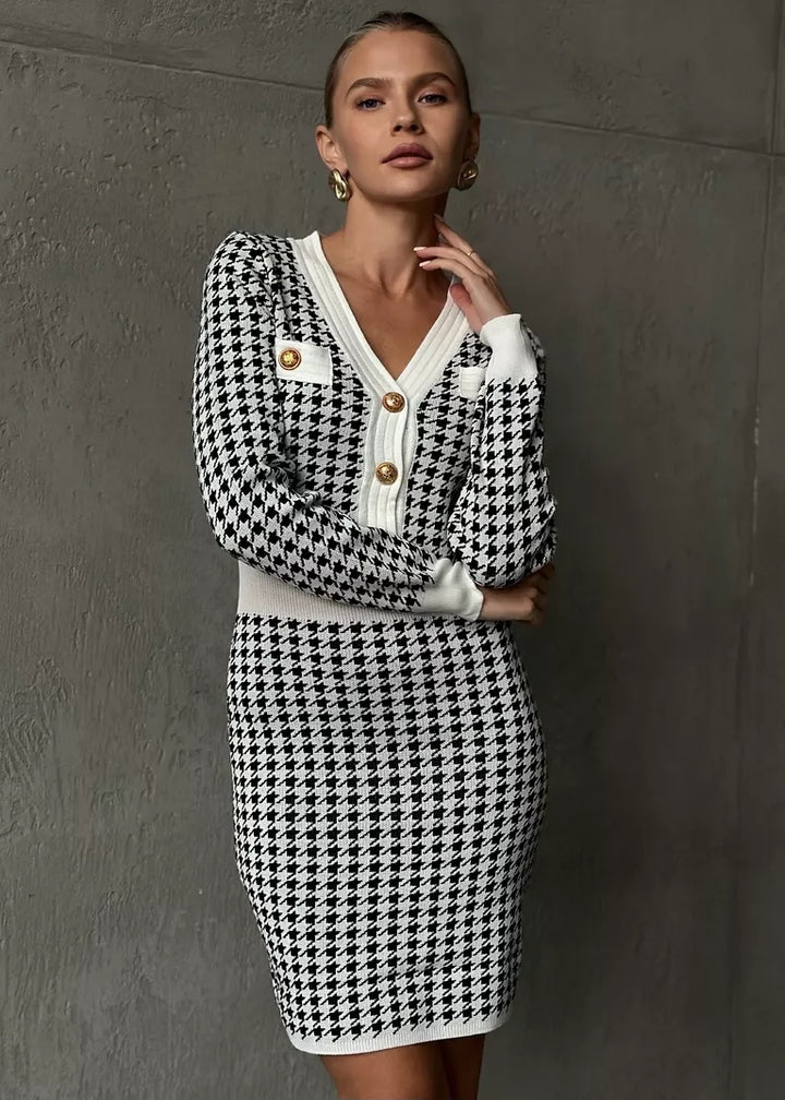 V-Neck Long Sleeve Houndstooth Mini Dress