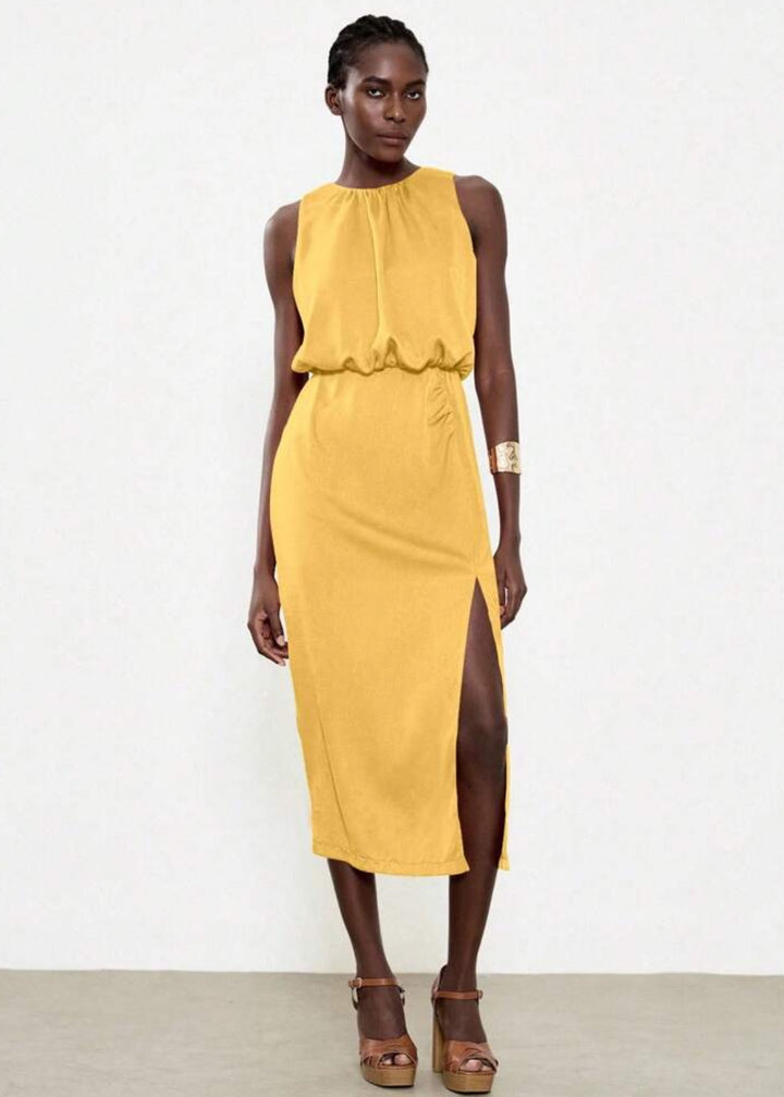 Sleeveless Side Slit Ruched Midi Dress