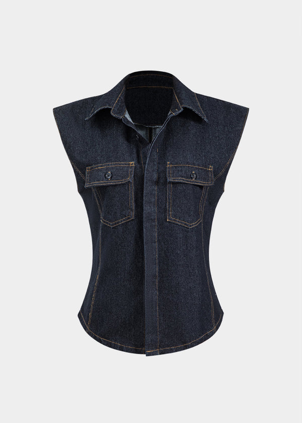 Button Pocket Sleeveless Denim Vest