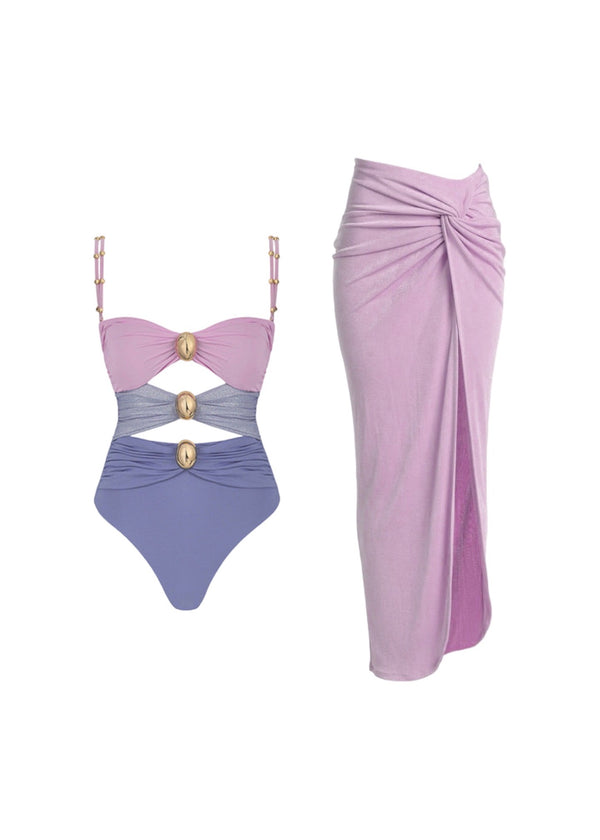 Three Tone Hollow Out Swimsuit & Matching Skirt