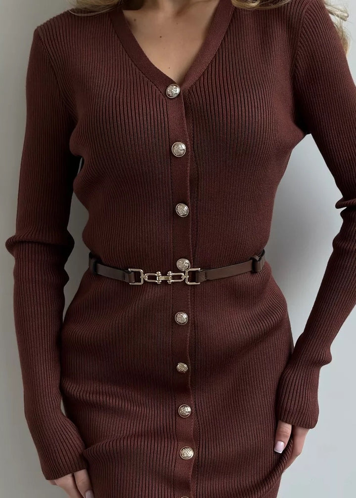 Buttoned Front Belted Knit Midi Dress