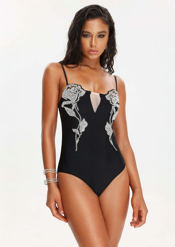 Rhinestone Decor Mesh Insert Monokini