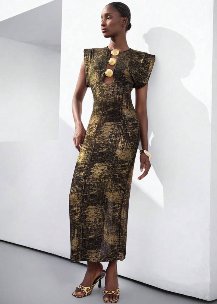 Seashell Button Maxi Shoulder Pad Dress