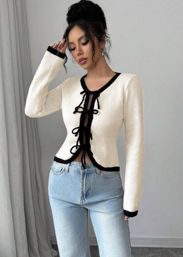 Contrast Trim Slim Tie Knit Top