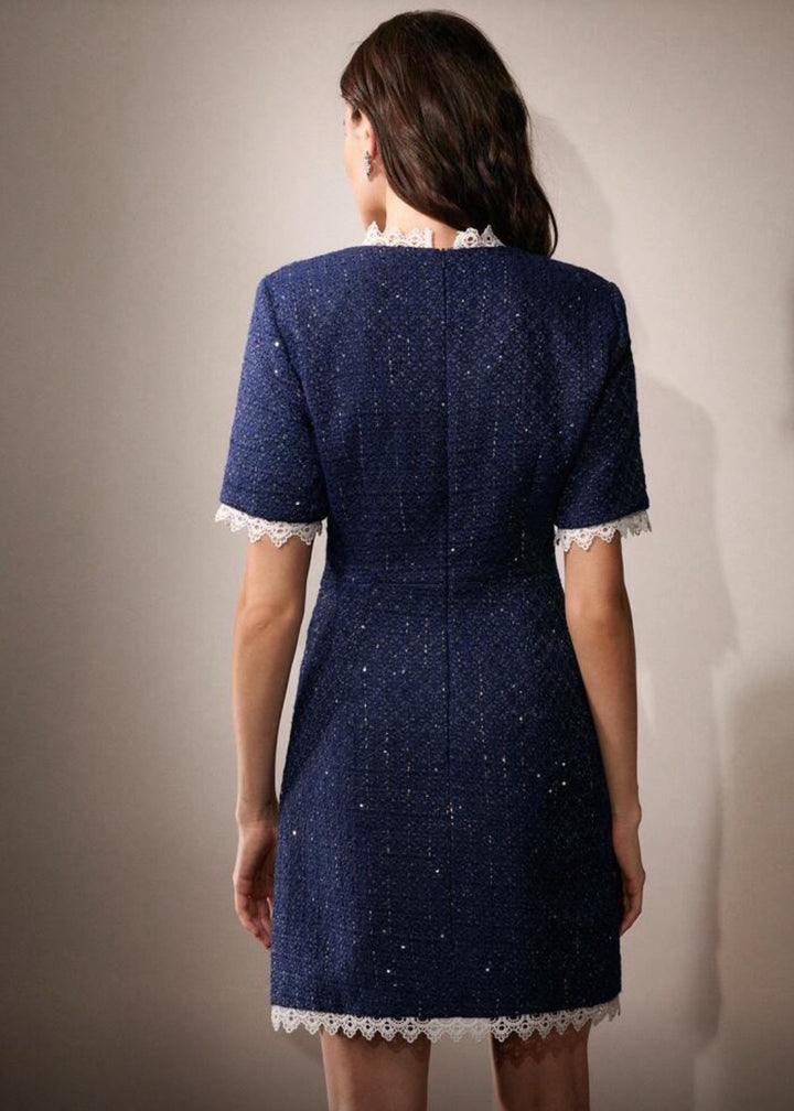 Tweed Button Front Lace Trim Mini Dress